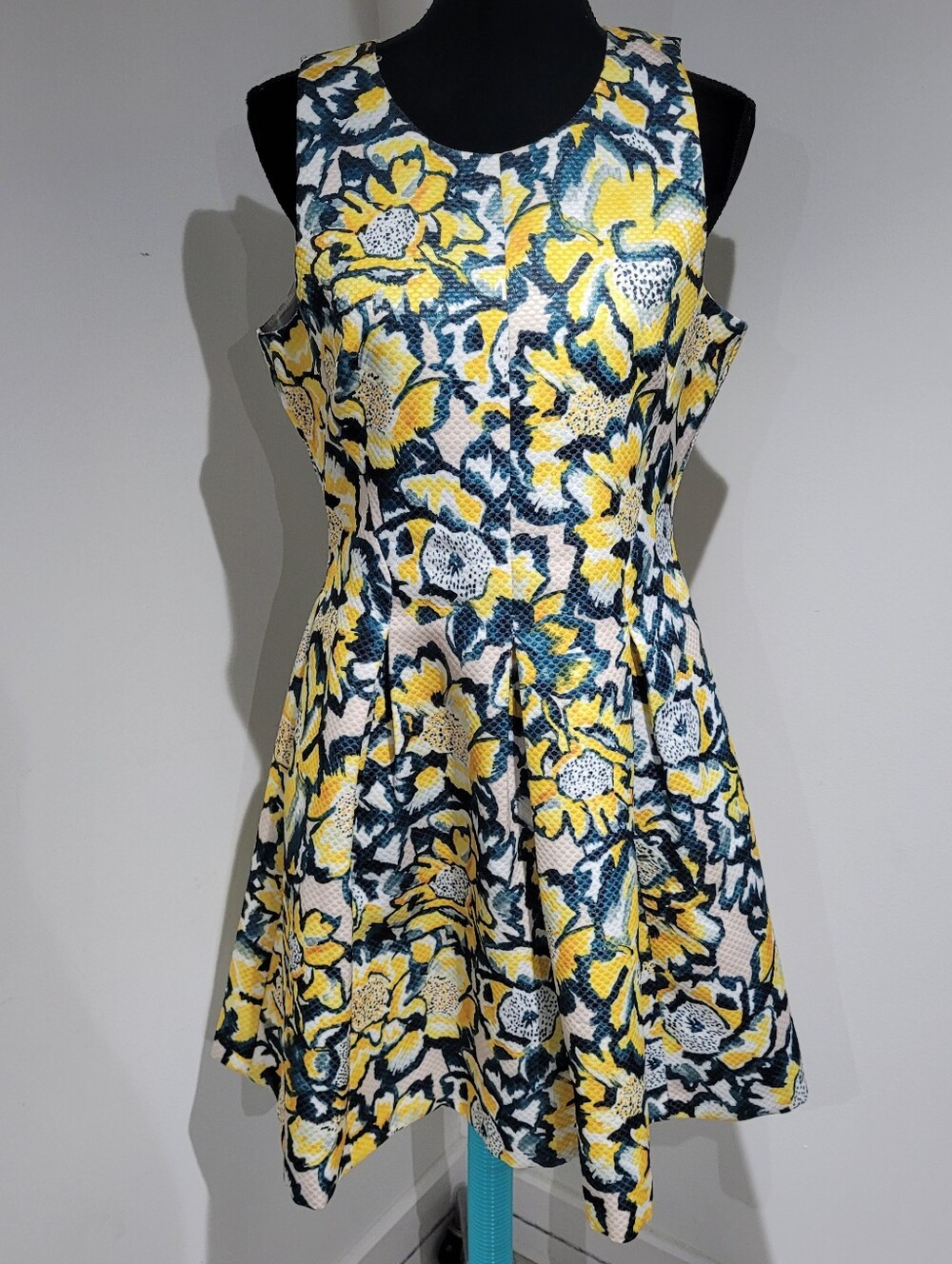 H&M Women's Floral Sleeveless Fit & Flare Dress w/ Back Cutouts 14 Yellow Teal